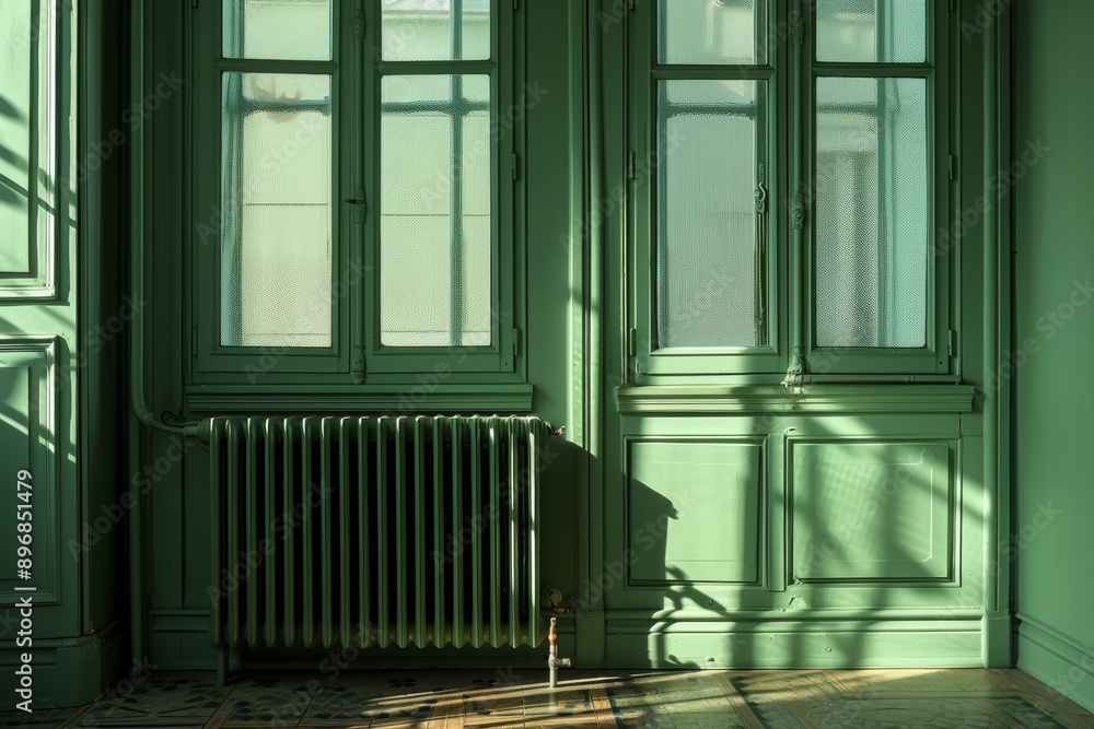 Poster an empty room with green walls and a radiator, exploring the visual difference between traditional r