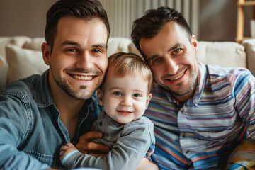 Gay father couple hugs kid toddler son's child on the LGBTQ rainbow flag background. Happy LGBTQ parent fathers proud to be themselves concept