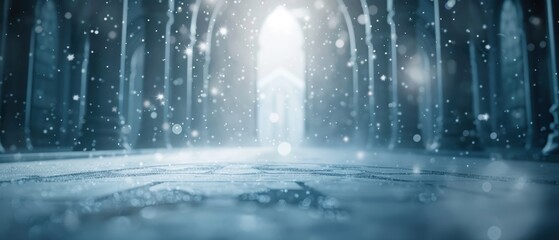 Mystical forest path with a bright light at the end, surrounded by falling rain or snow.