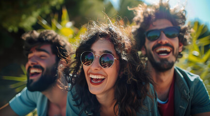 Obraz premium Three joyful friends laughing and enjoying a sunny day outdoors, featuring a curly-haired girl in sunglasses and men with short beards, against a green natural background with a bokeh effect, perfect