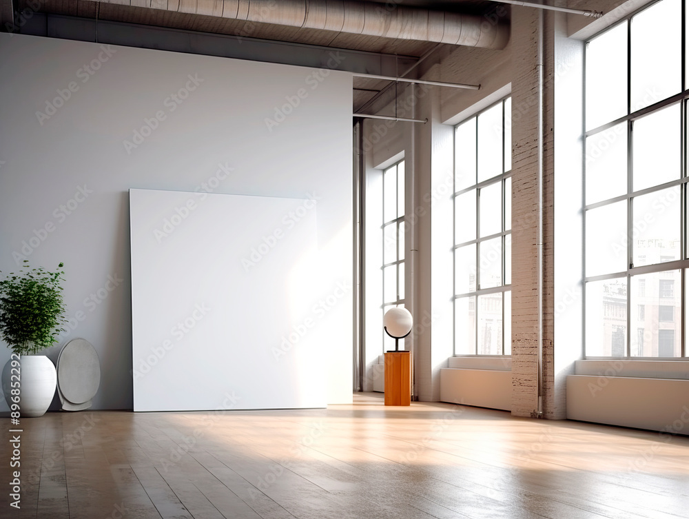 Aufkleber an empty room with a large blank canvas, natural light streaming through tall windows, wooden floor,