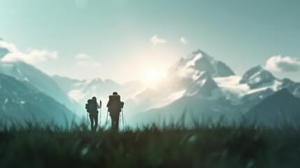 Fototapeta premium Silhouettes of two hikers stand in a field, gazing at majestic snow-capped mountains against a vibrant sunrise.