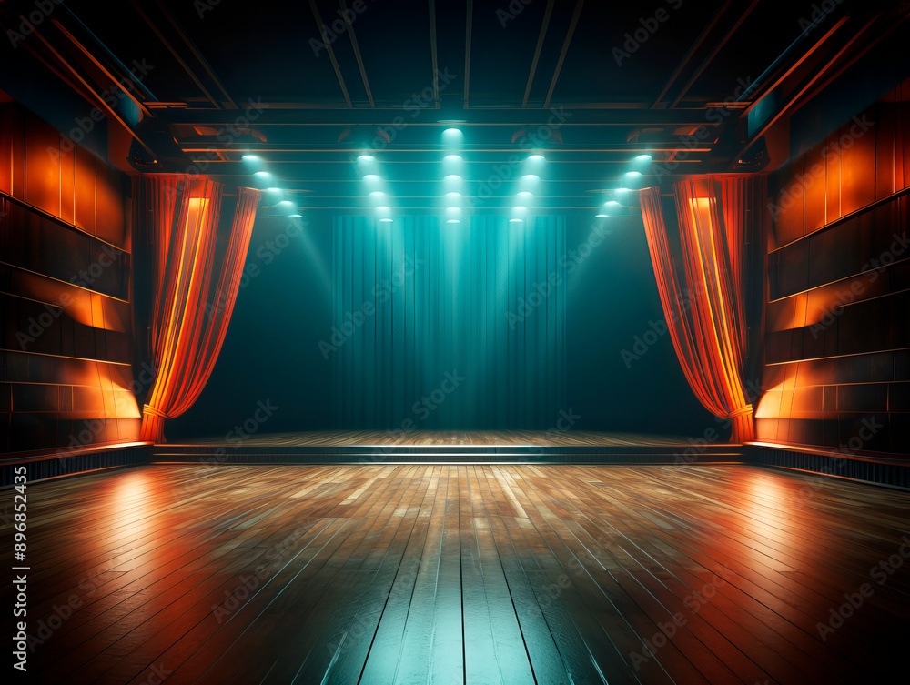 Poster An empty theater stage with red curtains, illuminated by ceiling lights against a dark setting. Generative AI