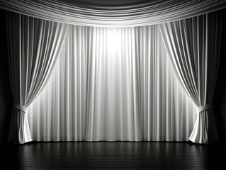 Closed theater curtains on a stage with spotlight, realistic style, dark wooden floor foreground, concept of performance. Generative AI