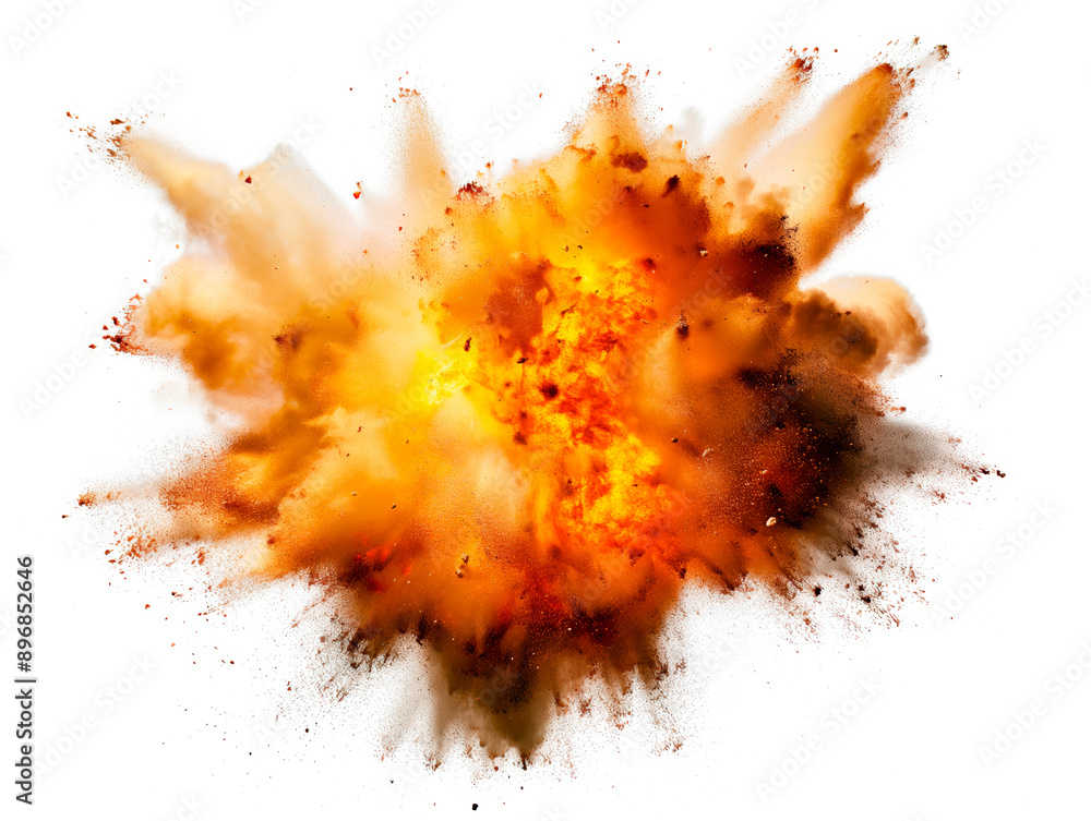 Poster a dynamic and vibrant explosion captured on a white background, illustrating a concept of burst and 