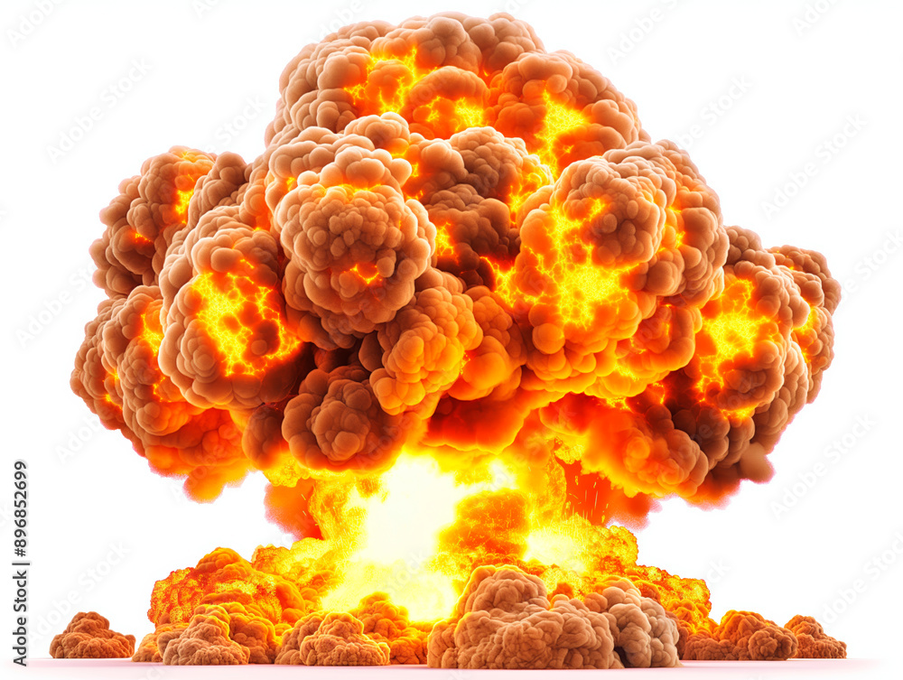 Poster an explosive mushroom cloud with vivid orange and yellow colors, isolated on a white background, sym