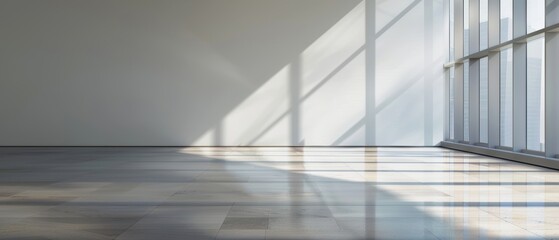 Fototapeta premium Sunlight streams through large windows, casting shadows on a polished concrete floor.