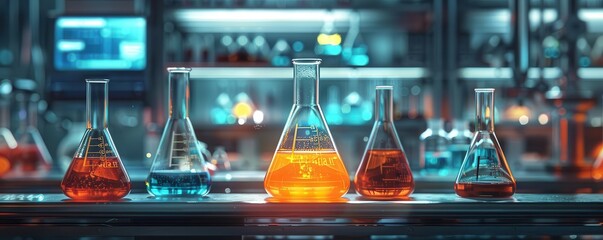 Realistic lab scene with beakers and graduated cylinders containing chemical reactions high-definition detail. Science laboratory.
