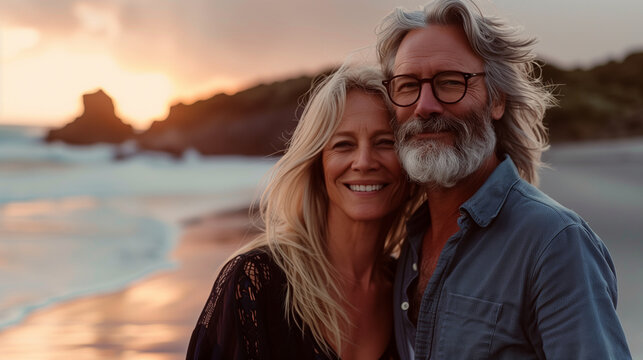 A photo of an attractive middle-aged couple smiling and posing for the camera on a beach in New Zealand at sunset. He has long hair with a gray beard wearing glasses, she is blonde