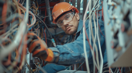 A photo of an electrician working on wires in the electrical panel. He wears protective glasses and helmet with safety glass lenses, wearing a blue workwear jacket and jeans pants.
