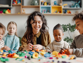 A smiling woman and children engaged in crafting with colorful clay on a table, in a playful and creative indoor setting. Generative AI