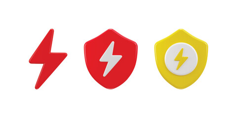 3d flash bolt lightning and shield icon set, protection symbol vector icon illustration