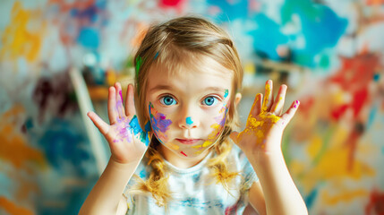A young child with colorful paint on her face and hands, artistic background, concept of creativity and play. Generative AI