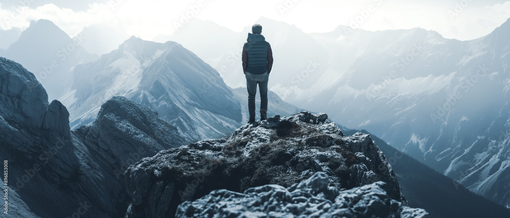 Poster A person standing on a mountain peak with a panoramic view of mountain ranges in the background, concept of adventure. Generative AI