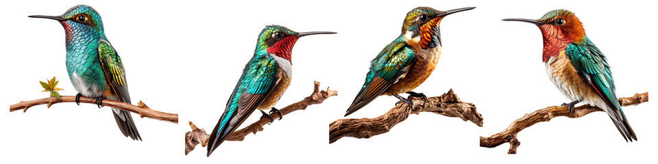 Fototapeta premium Collection of hummingbirds on Branch isolated on transparent background