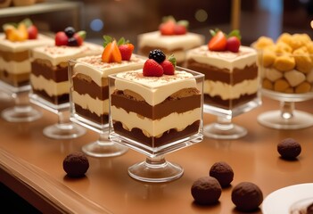 desserts showcasing a tiramisu, chocolate truffles, and fruit parfaits