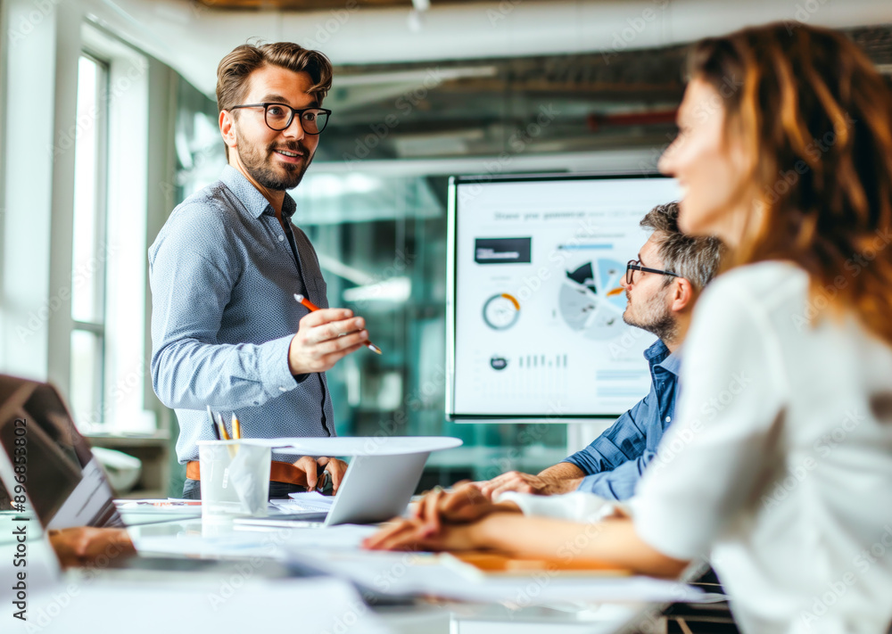 Poster business professionals discussing a project during a meeting in a modern office space. generative ai