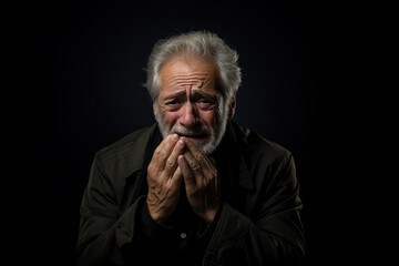 Obraz premium Sad unhappy elderly senior gray-haired man in despair. Male gender crying over grief on black mourning about loss background concept