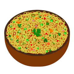 A bowl of hot spicy tangy soupy vegetable maggie illustration, colorful maggie, tangy soupy maggie, Indian style Maggie vector illustration, atta Maggie, Maggie lover, junk food, favourite maggie