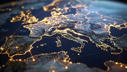 Fototapeta premium Global Communication Illustrated by Digital Network Connections on Stylized Map, EU