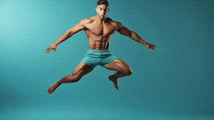 Sporty man jumping. Dynamic movement. Side view. Sport and healthy lifestyle