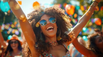 Joyful celebration with people showcasing enthusiastic body language in a lively outdoor festival