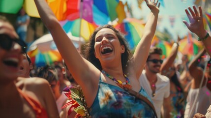 Joyful celebration with people showcasing enthusiastic body language in a lively outdoor festival