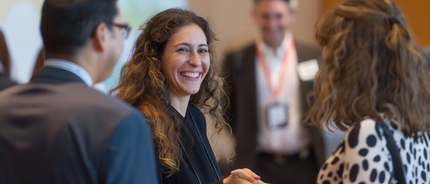 Professional networking event with attendees using open body language and confident handshakes