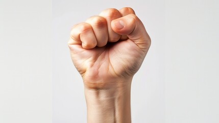 Obraz premium Clenched fist symbolizing strength and determination on a pure white background