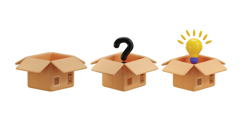 open cardboard box with bulb idea icon and mystery box icon 3d render concept of knowledge box vector illustration