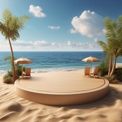Obraz premium Beach podium summer background with palm trees