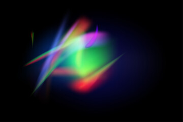 Rainbow lens flare effect on crystal glass or camera film filter with bokeh, abstract rainbow colorful rays leaks overlay background, Film leak light overlay texture background.