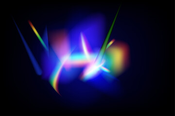Rainbow lens flare effect on crystal glass or camera film filter with bokeh, abstract rainbow colorful rays leaks overlay background, Film leak light overlay texture background.