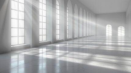 Fototapeta premium A blank white wall has sunlight reflecting from the window onto the smooth floor.