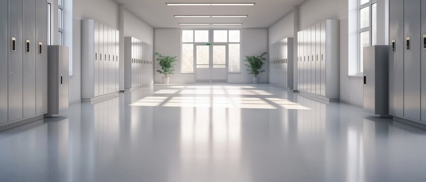 Modern School Hallway with Lockers and Natural Light from Large Windows