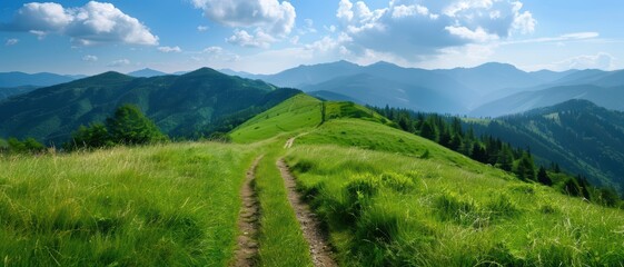 Obraz premium Scenic Mountain Landscape with Lush Green Hills and a Winding Path Under a Blue Sky with Fluffy Clouds