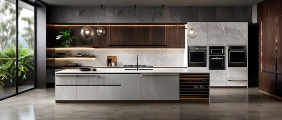 Modern Luxury Kitchen with Marble Countertops, High-End Appliances, and Elegant Lighting in a Contemporary Home