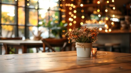 Cozy Cafe Interior with Rustic Wooden Table and Warm Ambient Lighting Featuring a Floral Centerpiece