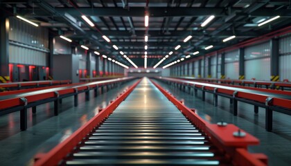 Fototapeta premium Automated Conveyor System in Industrial Warehouse, Efficient and Modern