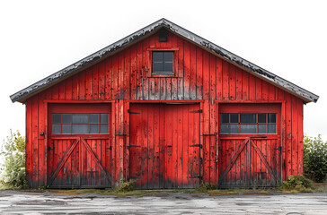 Classic red barn featuring door and windows in rustic landscape.