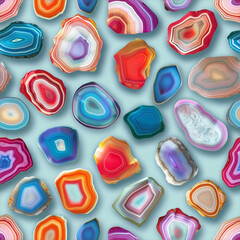 A pattern of colorful agate stones. Pattern can be used as repeating tiles to create seamless patterns for fabrics, wallpapers and textures
