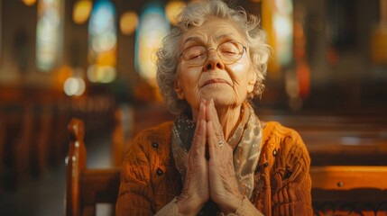 Obraz premium Elderly Woman Praying in a Nearly Empty Church with Shallow Depth of Field, Focus on the Woman, Reflective and Serene Atmosphere
