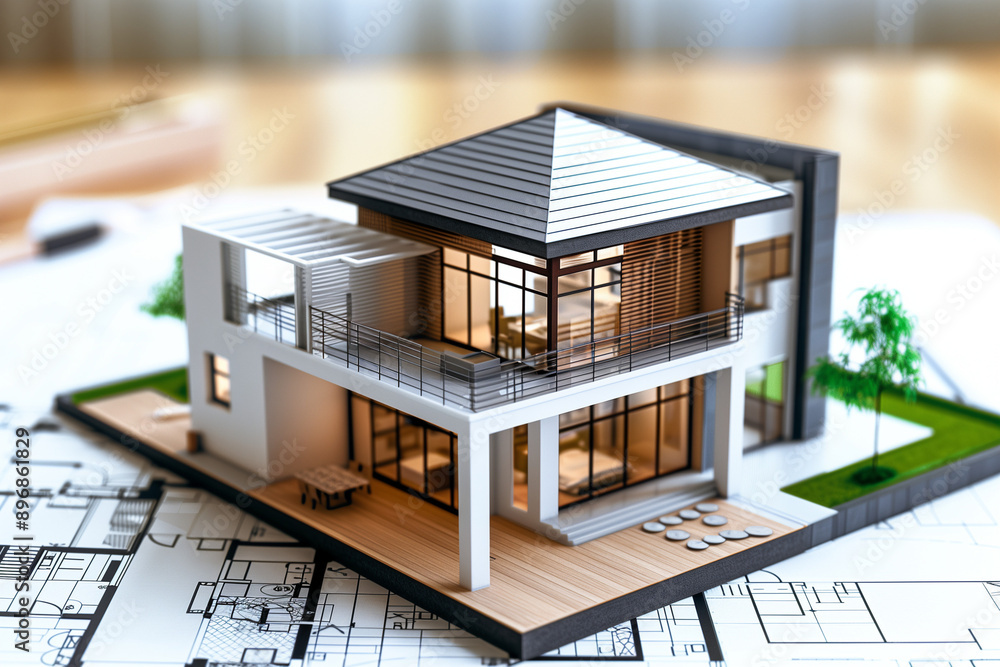 Poster 3d small house model on architecture floorplan created with 
