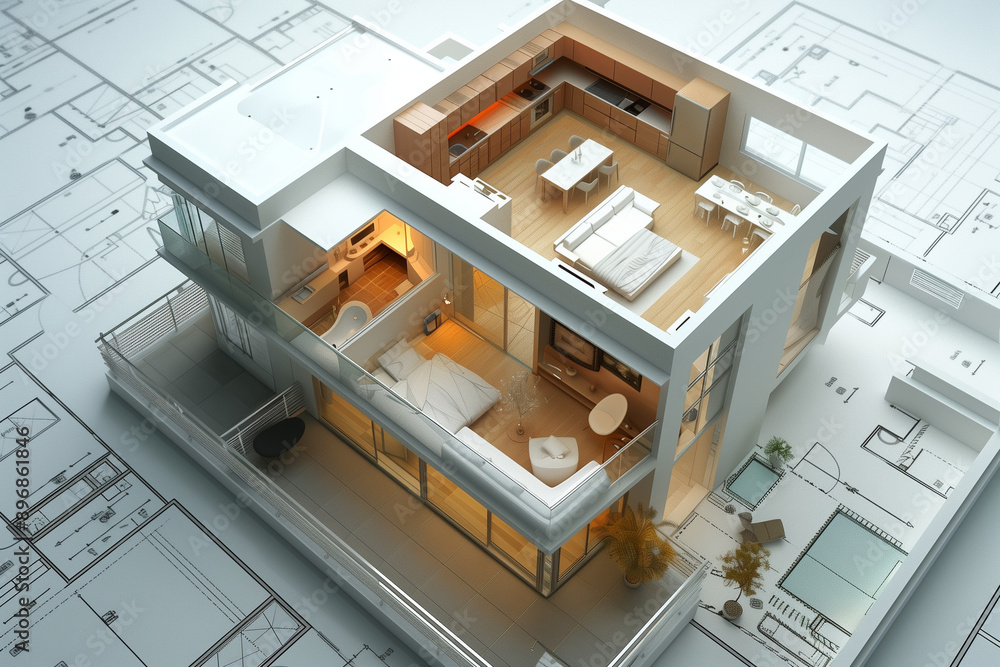 Poster 3d small house model on architecture floorplan created with 