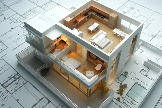 3d small house model on architecture floorplan created with 