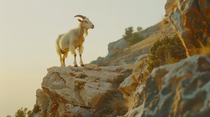Goat on a rocky cliff edge, side angle, soft evening light, serene and majestic atmosphere