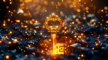 Enchanted key glowing, opens magical door, mystical 