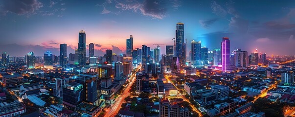 Fototapeta premium High angle view of downtown cityscape at night, illuminated by vibrant neon lights, skyscrapers glowing, modern architecture, HDR photography, urban nightlife