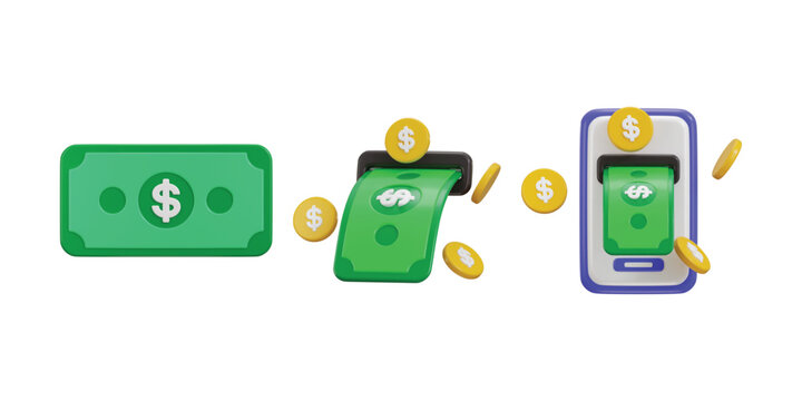 Dollar cash withdraw icon with golden coin icon 3d rendering vector illustration set
