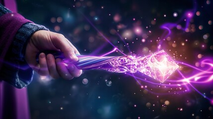 Wizard's staff with crystal, glowing energy, dark background